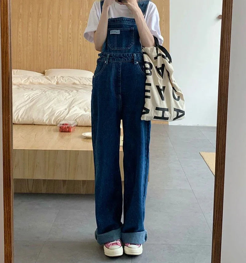 New Summer Fashion Denim Jumpsuits for Women Wide Leg Jeans Overalls Korean Baggy Suspender Pants Korean Streetwear Trousers