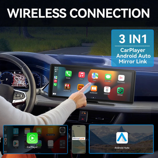 Portable Wireless CarPlay & Android Auto Touchscreen — Dash-Mount Car Stereo Display, Universal Fit