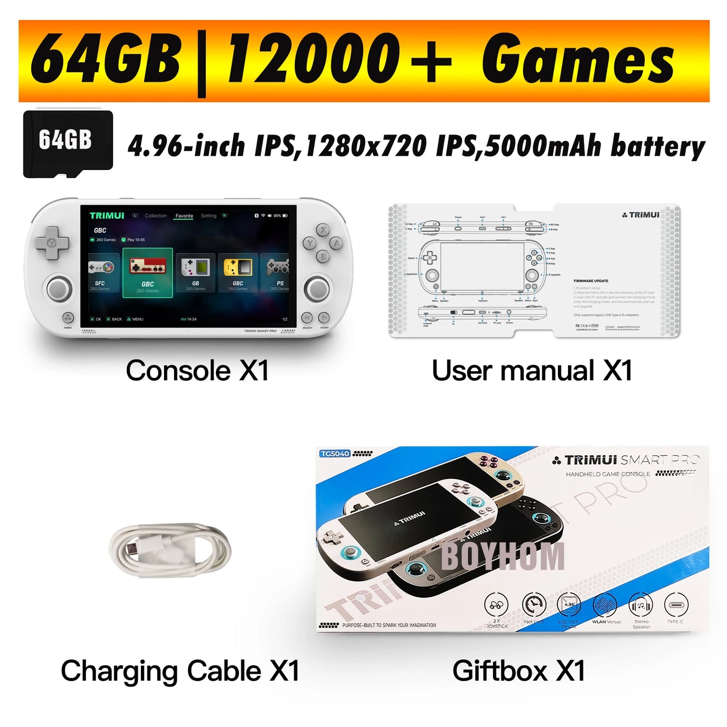 Trimui Smart Pro Handheld Game Console 4.96''IPS Screen Linux System Joystick RGB Lighting Smartpro Retro Video Game Player Gift