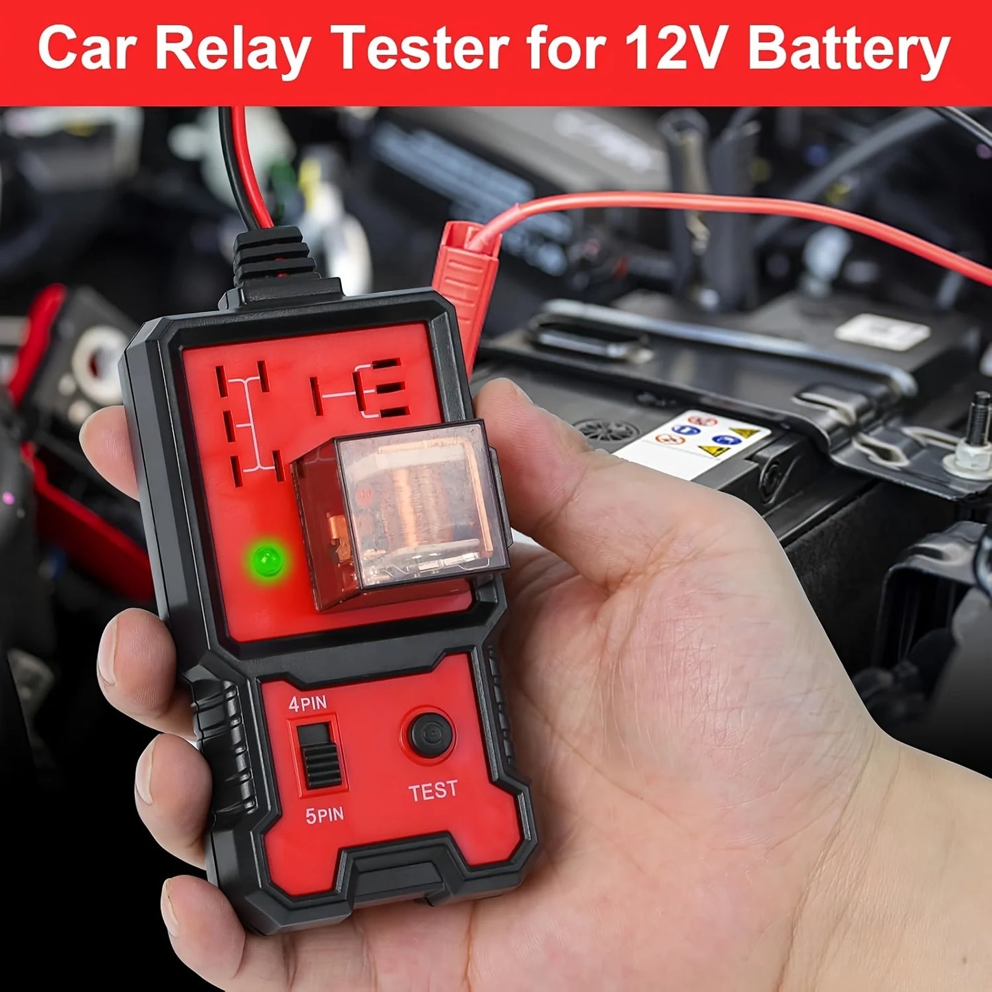 Compact 12V Automotive Relay Tester with Battery Clamp - Easy-To-Use 4-Pin and 5-Pin Relay Tester with Clear Terminal Display, Spdt Switch and Copper Contacts, Hard-Wired/Battery-Powered (Battery Not Included), Suitable for E