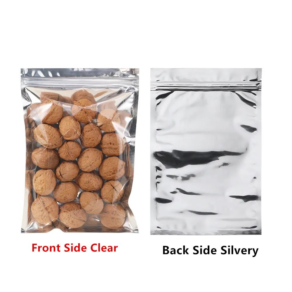 100pcs Aluminum Foil Zip Lock Bags – Food Grade Silvery Mylar Resealable Pouches for Snacks, Herbs & Gift Packaging