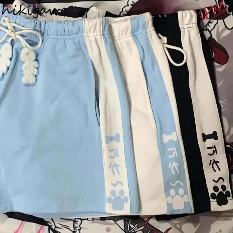 Summer Japanese High Waisted Shorts Women Cute Cat Cartoon Print Cotton Short Pants Casual Fashion Female Bottoms Shorts New