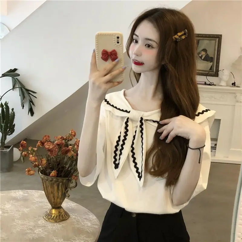 Sailor Collar T-shirts Women Baggy Kawaii Clothes Panelled Temper Designer Aesthetics Japanese Stylish Summer Vintage Футболка
