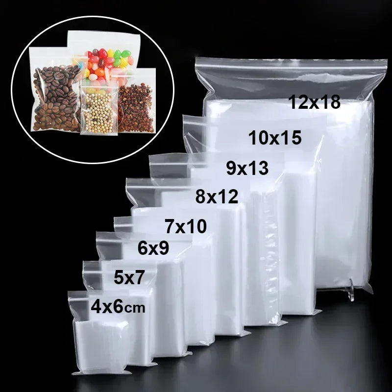 100/300PCS Transparent Zip Bags Food Jewelry Vacuum Storage Bag Plastic Thicken Reclosable Poly Bag Kitchen Organization Package