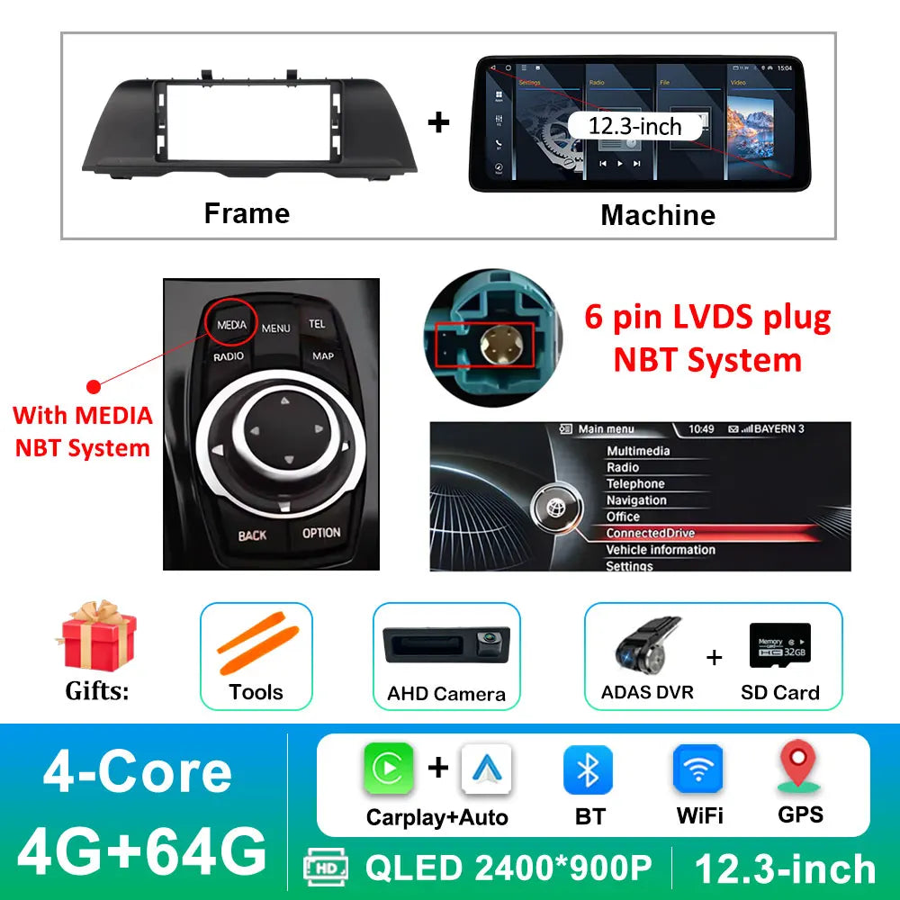 Android 16 Wireless Carplay Car Radio Multimedia Player for BMW 5 Series F10 F11 2010 - 2017 CIC NBT System QLED Screen GPS WiFi