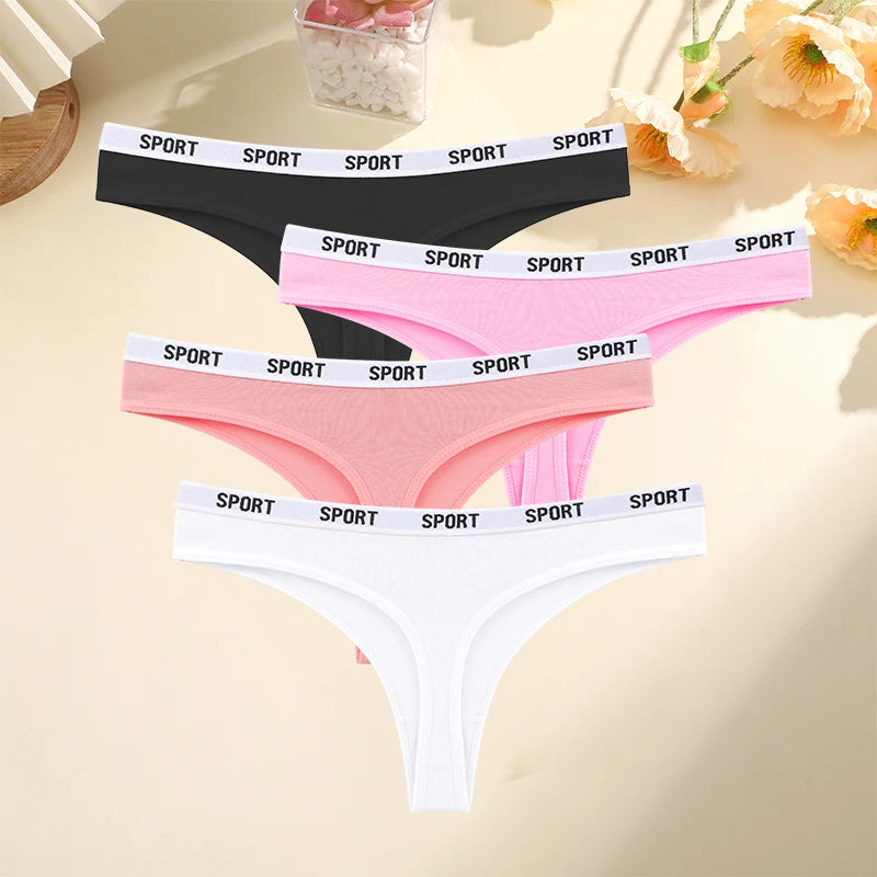 FINETOO 4PCS/Set Women Sexy Cotton Thongs For Women Sport Brand String Underwear Female Soft Coton Tangas Woman Thong Tanga