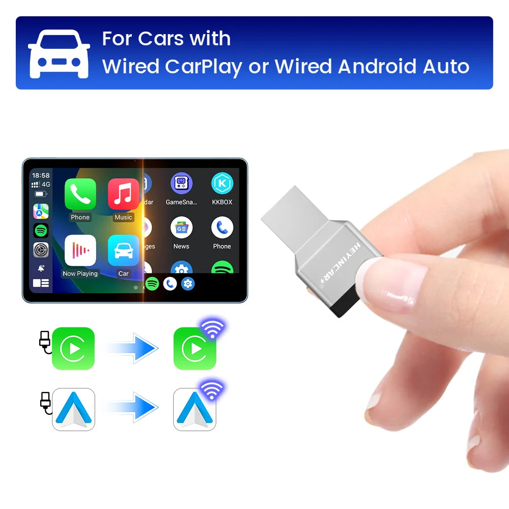 HEYINCAR 2-in-1 Wireless CarPlay Dongle & Android Auto Adapter — AI Smart Box for Wired-CarPlay Cars