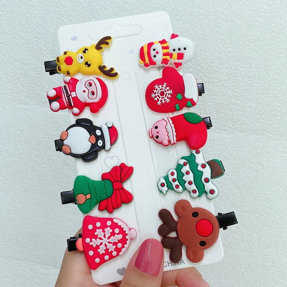 10pcs/Set Funny Christmas Hair Clips Mixed Styles Cartoon Elk Santa Claus Barrettes Kid Girl Xmas Party Headwear Gift
