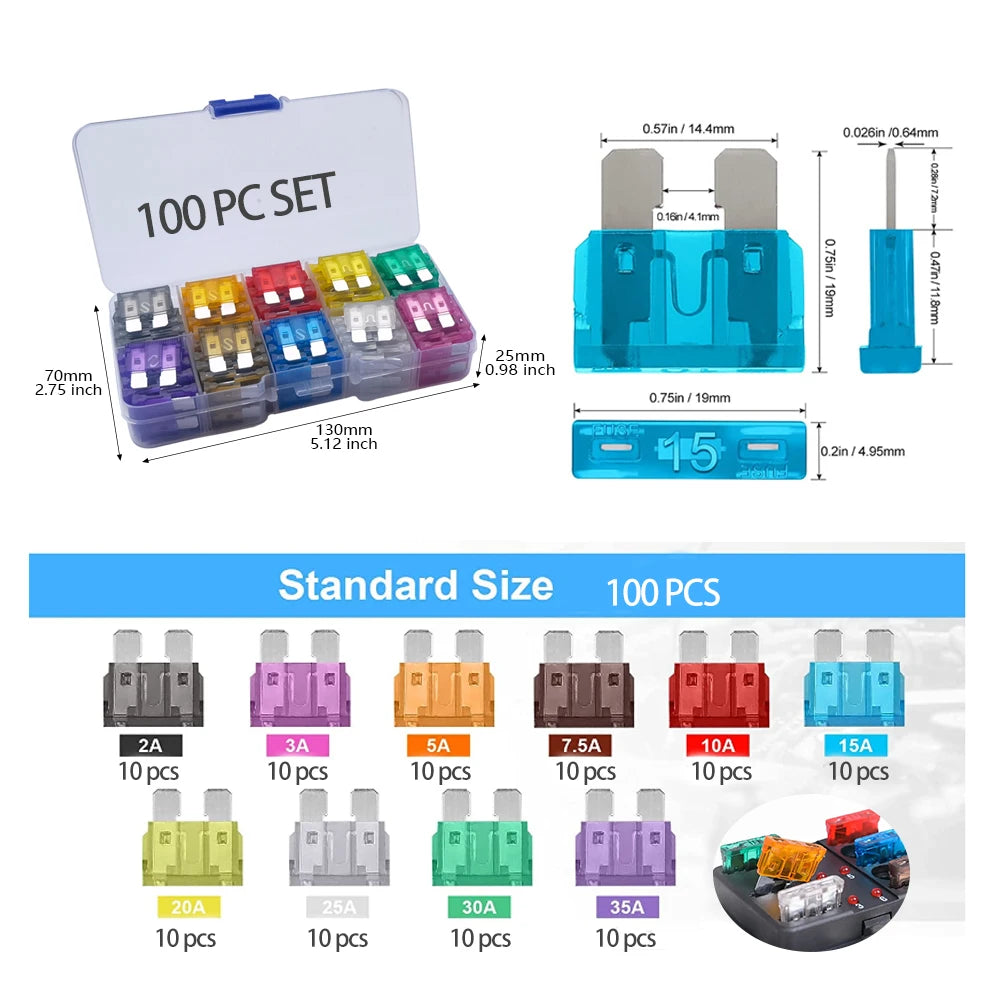 Standard Blade Fuse Assortment Kit - 2A to 35A Varieties