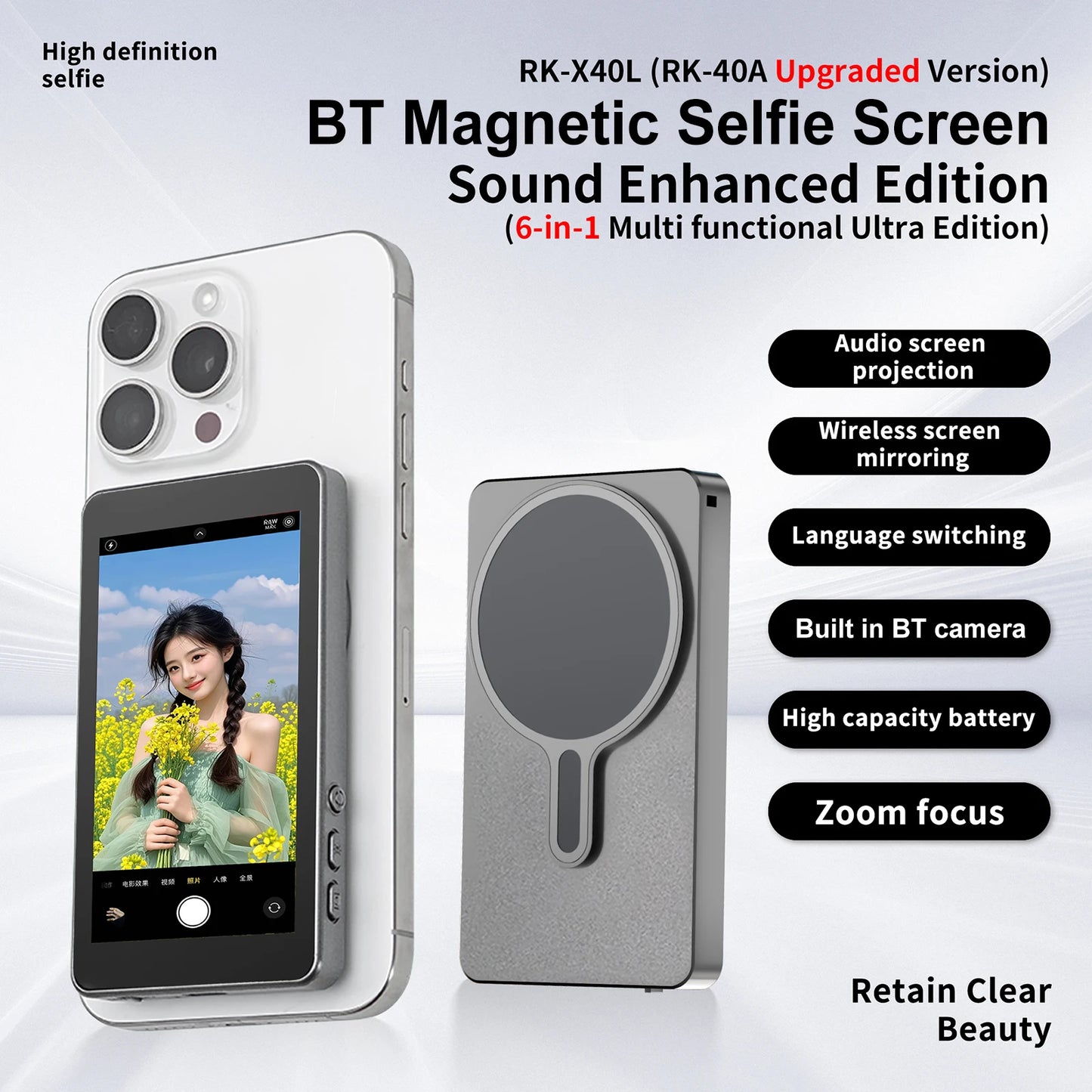 Upgrade Magnetic Wireless Selfie Monitor Screen 4inch For Android Phone Rear Camera Live Streaming Video Recording W/ Zoom Focus