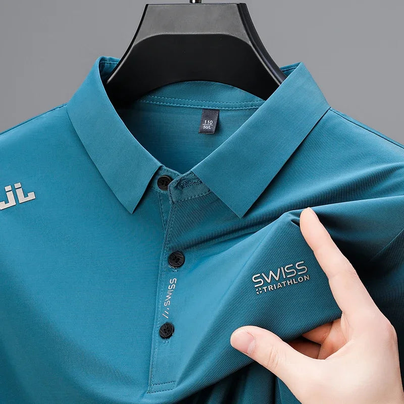 Men's Badge Polo Shirt - Solid Color, Breathable Business Casual
