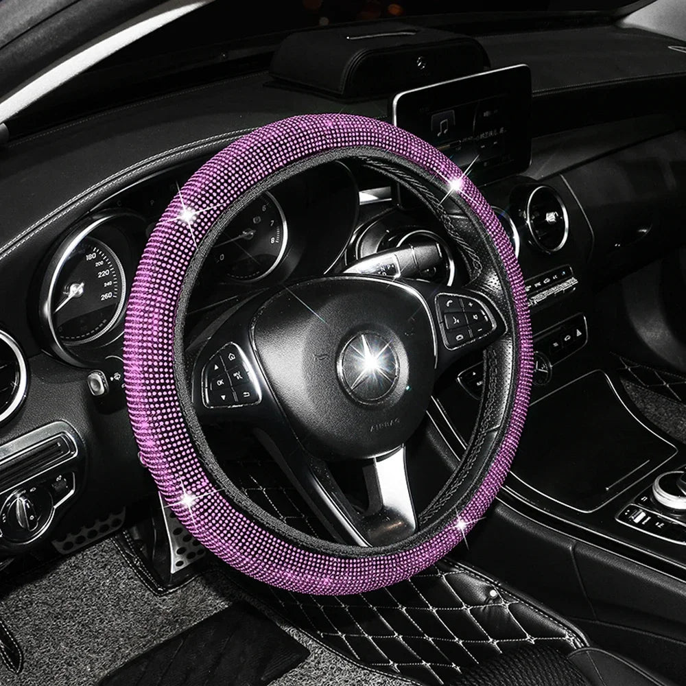 Fashion Crystal Car Steering Wheel Cover 38cm Breathable Anti Slip PU Rhinestone Car Decoration Diamond Car Accessories