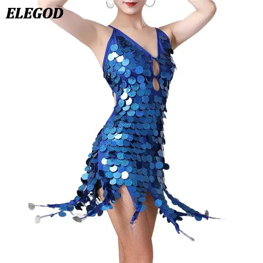 Women Sequins Coins Latin Dance Dress Ladies Girls Tassel Salsa Tango Cha Cha Rumba Samba Practice Training Costumes Set