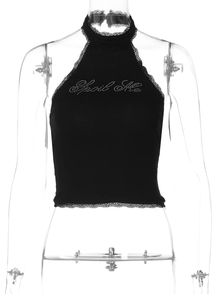 Dulzura Halter Sleeveless Crop Top Vest 2026 Summer Women Lace Patchwork Sexy Rhinestones Y2K Vintage Elegant Club