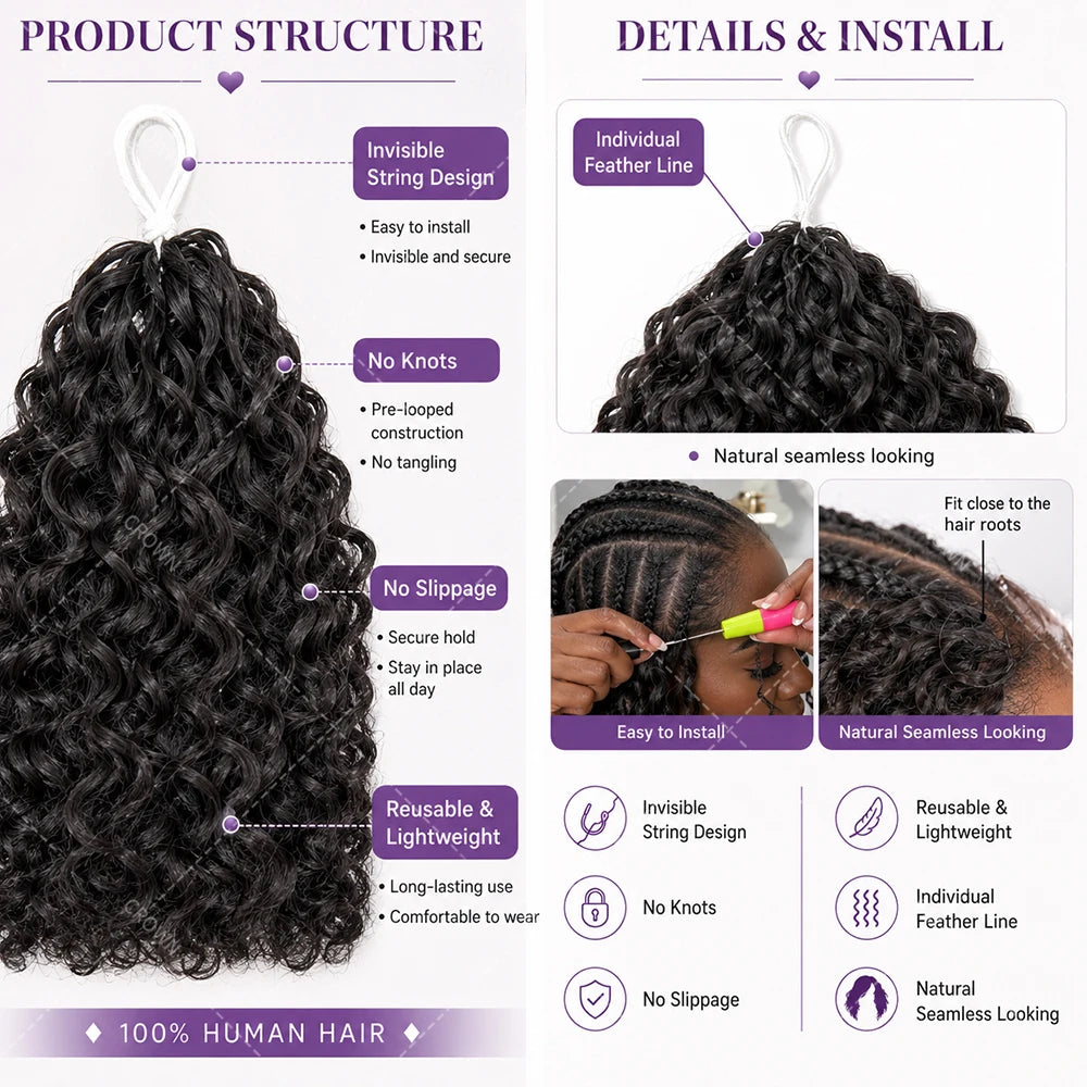 Burmese Curly Crochet Human Hair Knots Feather Crochet Hair Extensions For Women Invisible Knotless Kinky Curly Braiding Hair