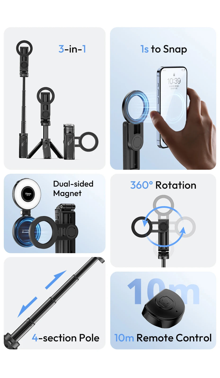 Ulanzi JJ03 Magnetic Phone Tripod Wireless Handle Selfie Stick Desktop Foot  Suitable iPhone 16/15/14/13 Pro Max