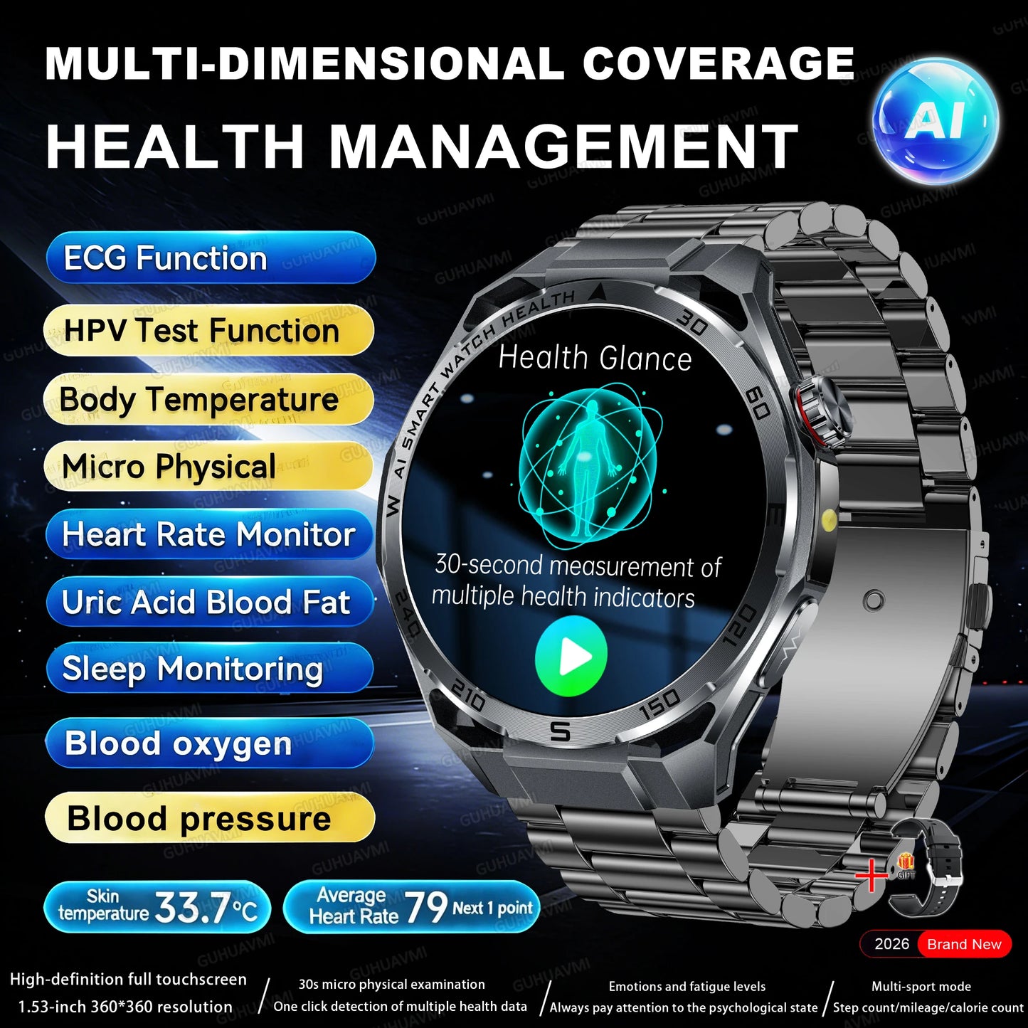 2026 New Body Fat AI Analysis Health Smart Watch ECG+PPG Uric Acid BP Blood Oxygen Call AMOLED Screen Smart Watch For Men Women