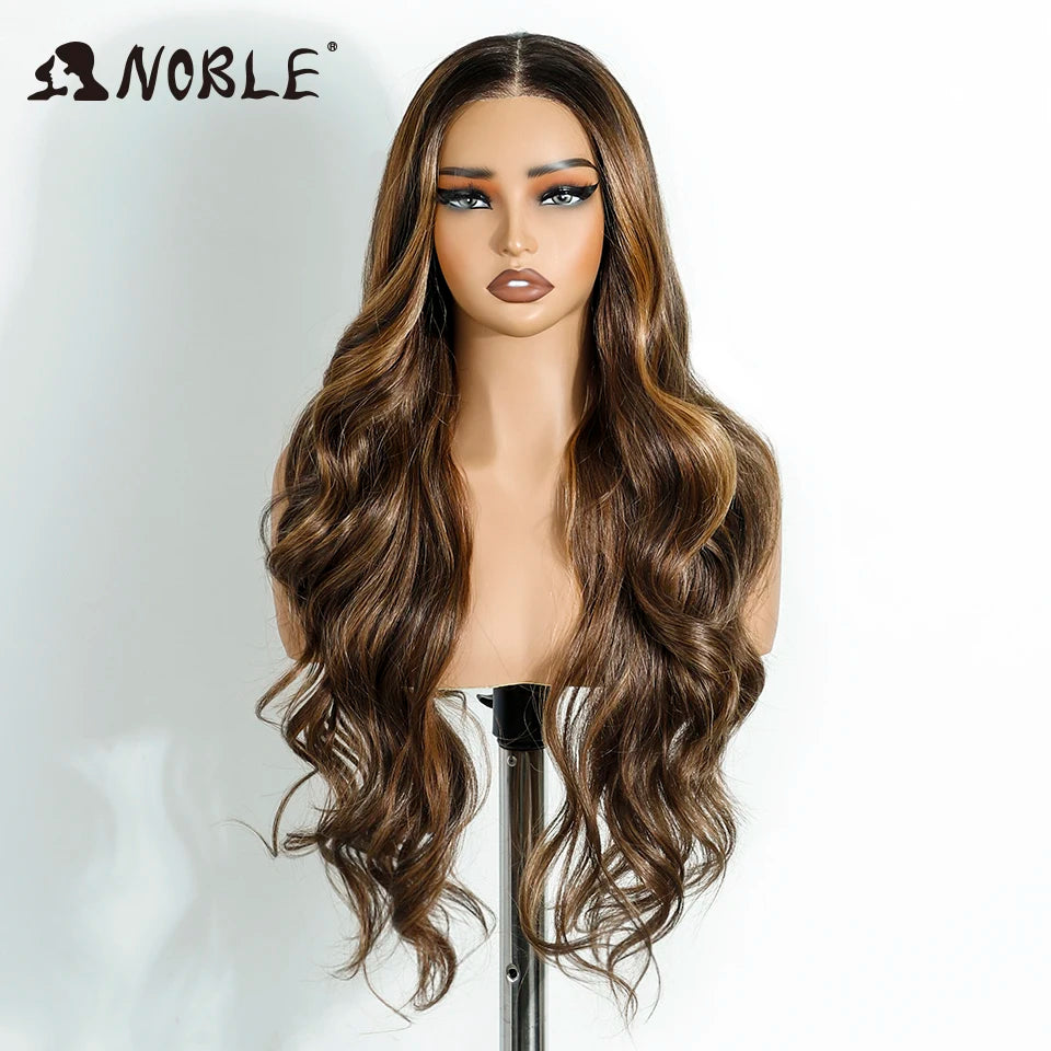 Noble Synthetic Lace Front Wigs For Woman Long Body Wave Wear and Go Glueless Wig Ombre Brown 6x4 Pre Plucked Pre Cut Lace Wig