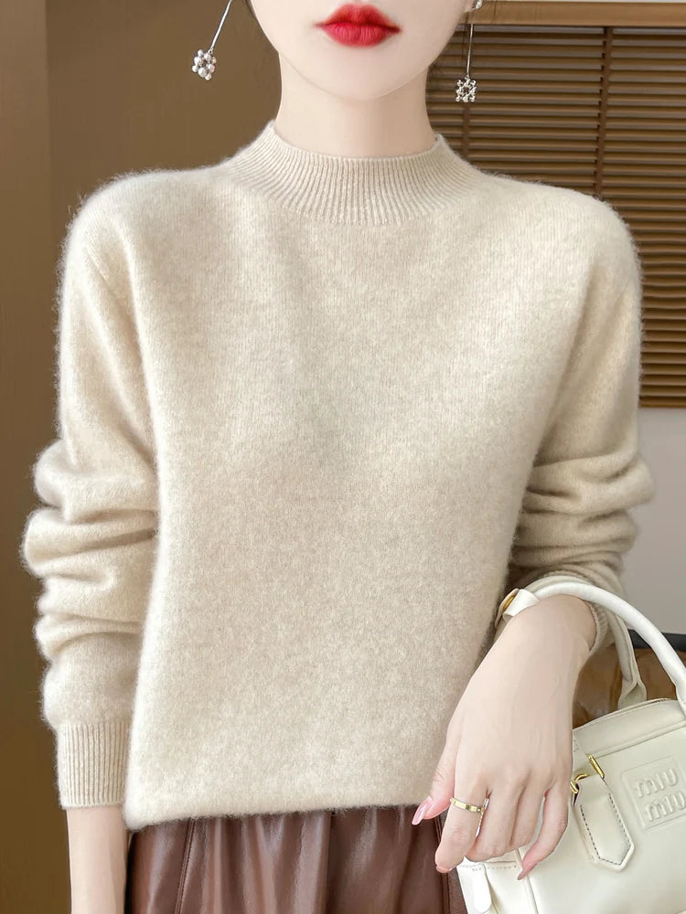 Women's Merino Wool Mock Neck Sweater, Long Sleeve