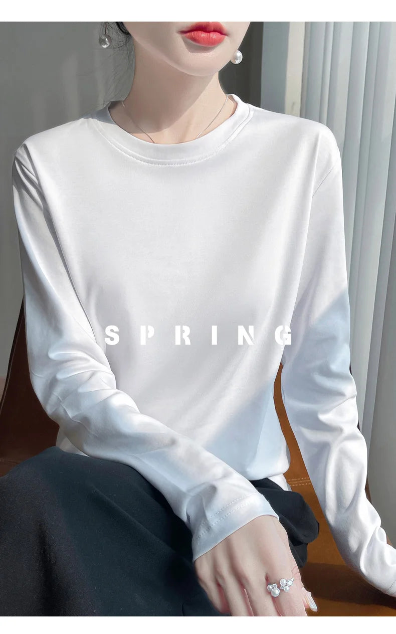 Spring And Summer New Mercerized Cotton Long Sleeve T-shirt Women's Round Neck Loose 100% Cotton Bottoming T-shirt