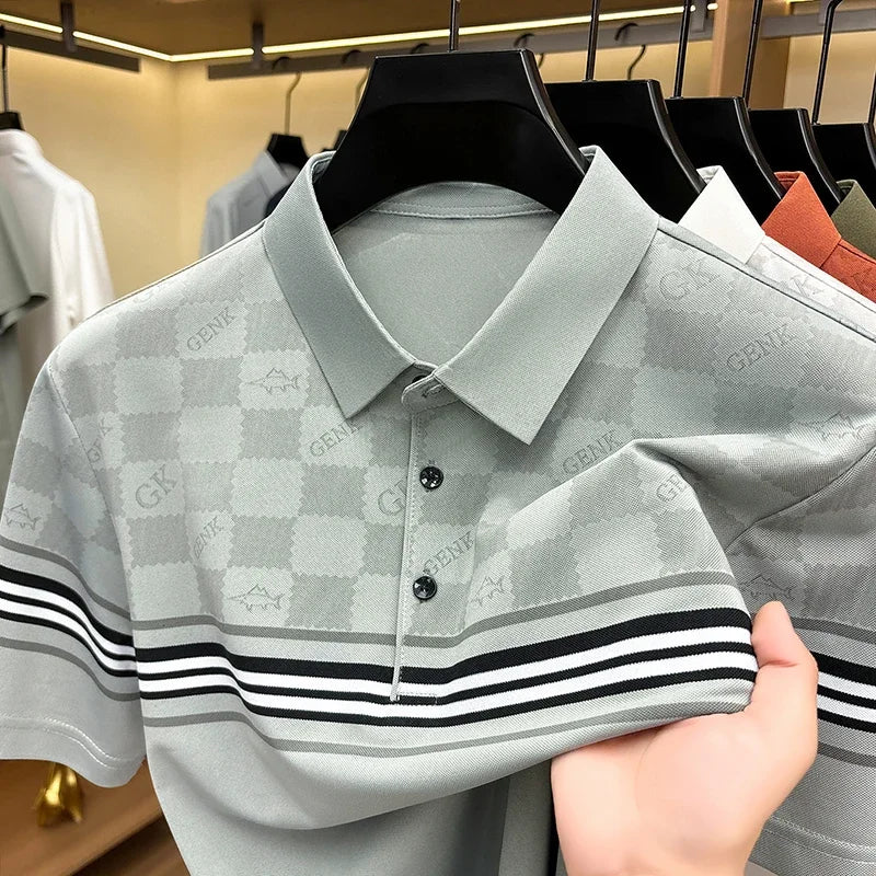Men's Grid Jacquard Polo - Stripe Sleeve, Wrinkle-Free Office Wear