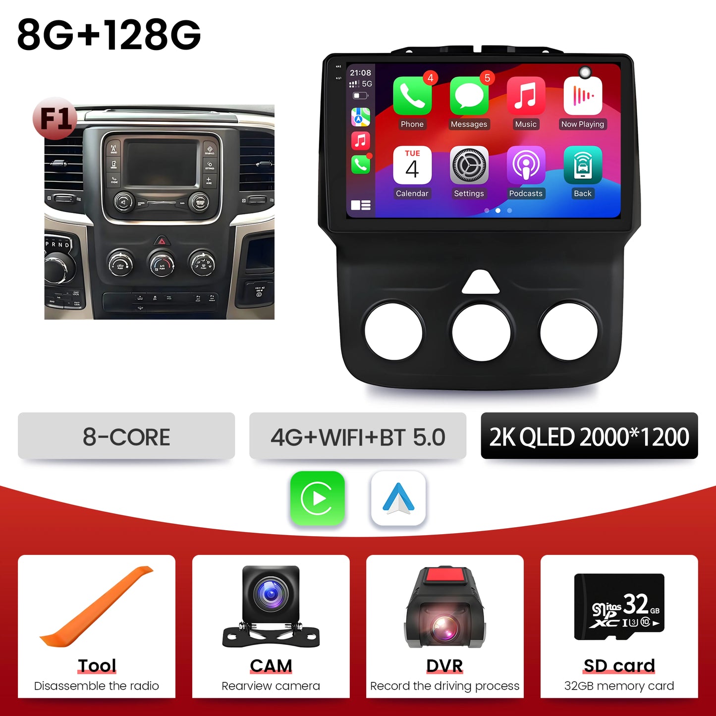 9"  Car Radio For Dodge RAM 1500 2500 2013-2019 Android 16 Wireless BT Carplay Multimedia Navigation Touch 2K QLED Screen