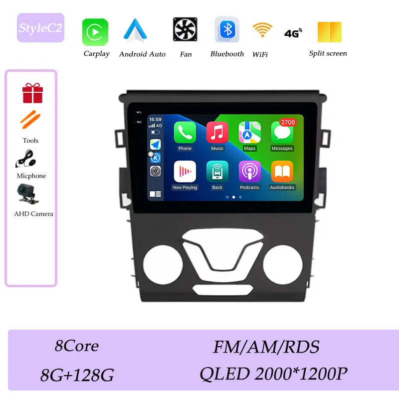 CarPlay Car Radio Video Multimedia Player for Ford Mondeo 5 Fusion 2014 - 2019 Split Screen DSP Stereo GPS Navi QLED Screen BT