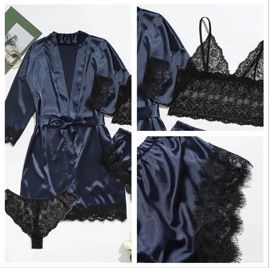 Women's 4-Piece Lace Camisole Pajama Set – Sexy Lingerie Nightgown, Shorts, Robe & Leisurewear | S–XXL (7 Colors)