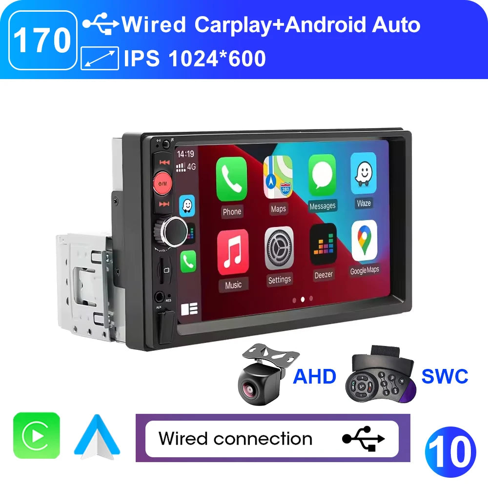 6.9" 1 DIN Universal IPS Car Stereo with Apple CarPlay & Android Auto