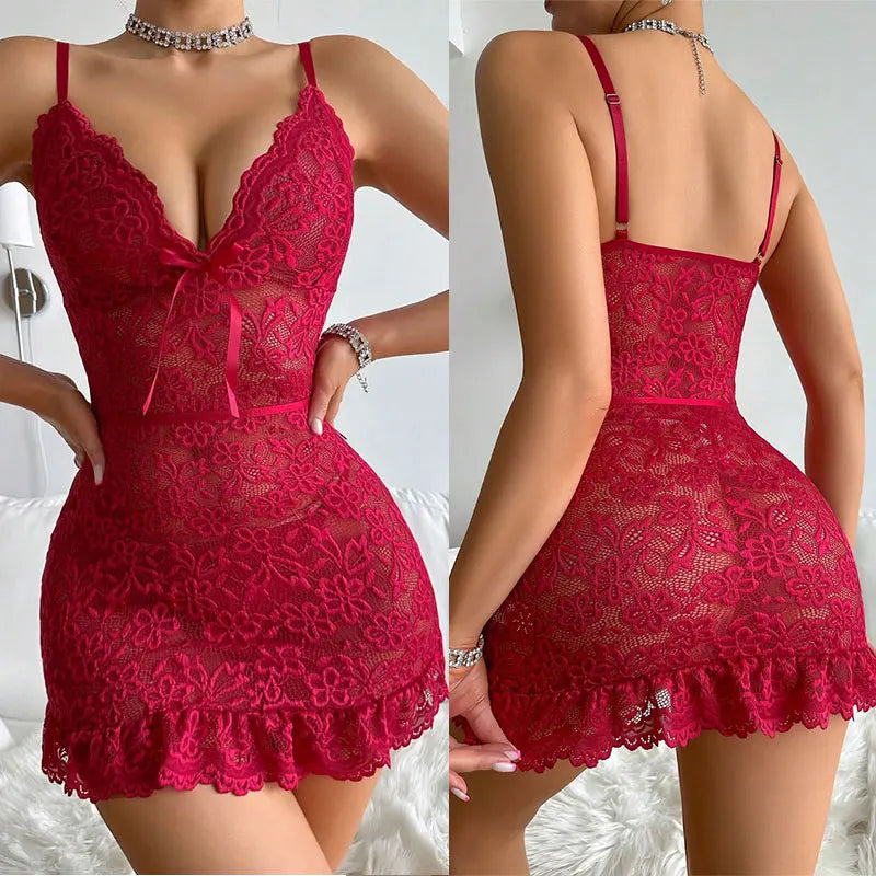Women's Floral Lace Sleeveless Backless Mini Nightdress – Sexy Transparent Lingerie Dress with Thong | S–XL (4 Colors)