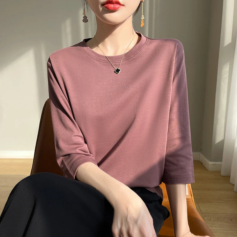 Women's Mercerized Cotton T-Shirt — Loose Round-Neck Half-Sleeve Top
