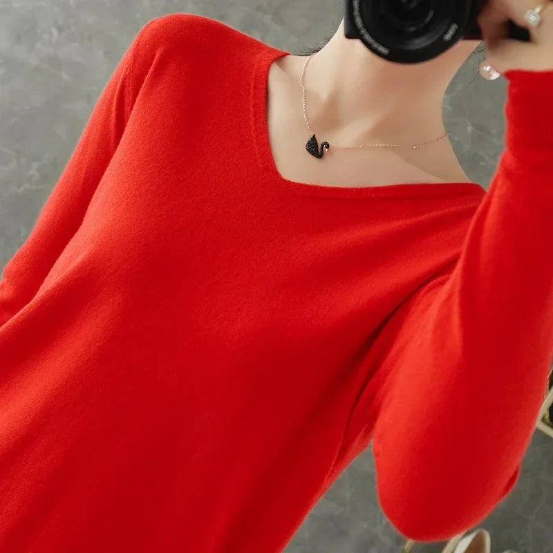 Women Sweater 2026 Spring Autumn Warm Winter Slim Fit Bottoming Shirt V-neck Korean Knitted Tops Casual High Strecth Jumpers