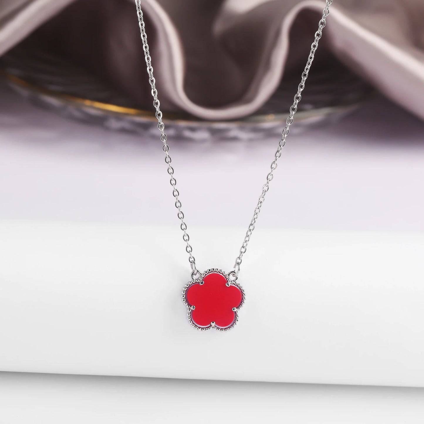 Five-Petal Flower Pendant Necklace — Natural Stone, 7 Colors