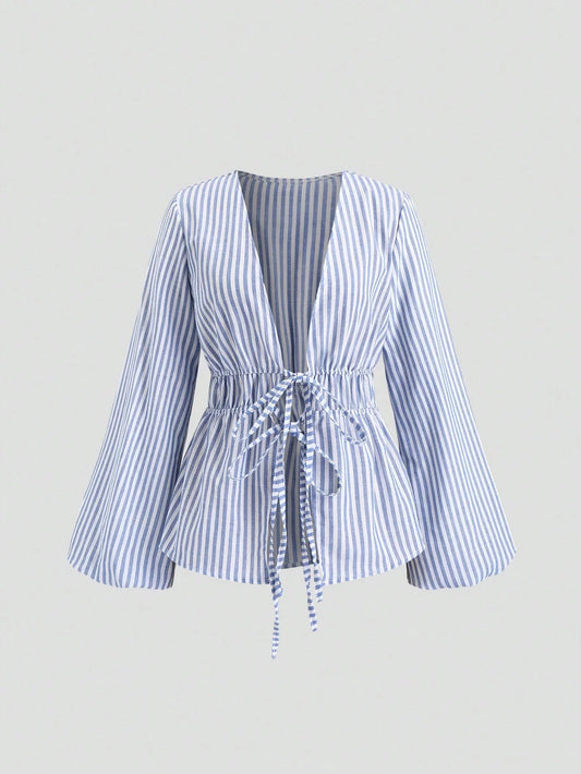 Striped Tie Bow Puff Sleeve Shirt
