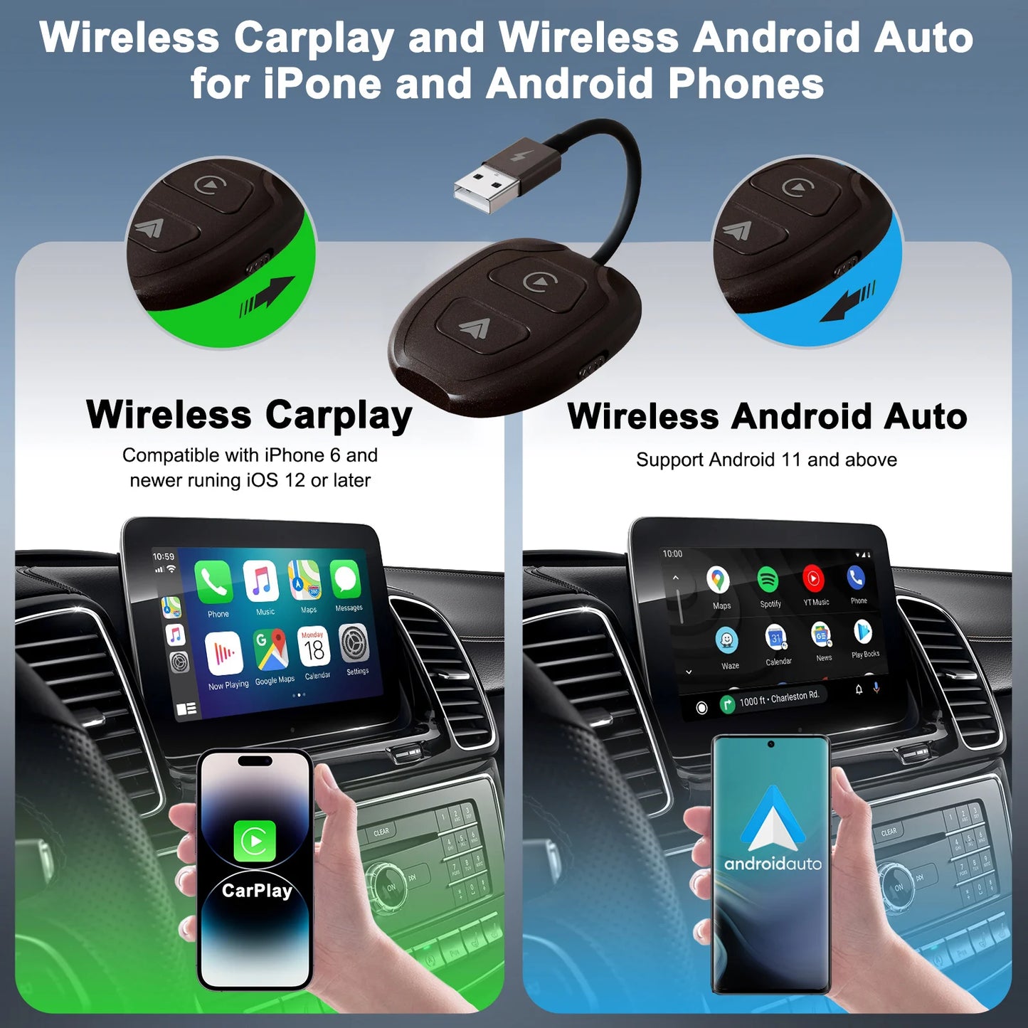 Wireless Android Auto & CarPlay 5.8 GHz Adapter for OEM Wired CarPlay & Android Auto Cars Convert Wired to Wireless