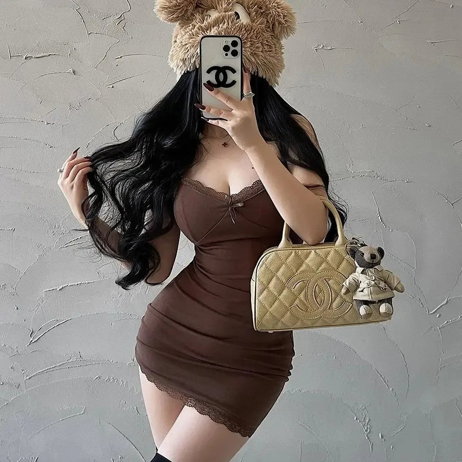 Women's Lace Suspender Slim Bodycon Mini Dress – Low V-Neck Hip Skirt with Breast Pads | S–XL (Apricot, Black, Gray, Brown)