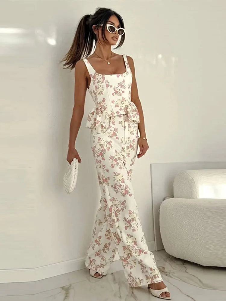 Floral Ruffle Sling Top & Wide-Leg Pants Set — 2-Piece