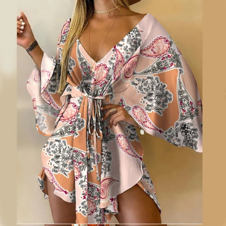 Women's Floral Print Bohemian Beach Sundress – V-Neck Bat Sleeve Ruffle Loose Summer Mini Dress