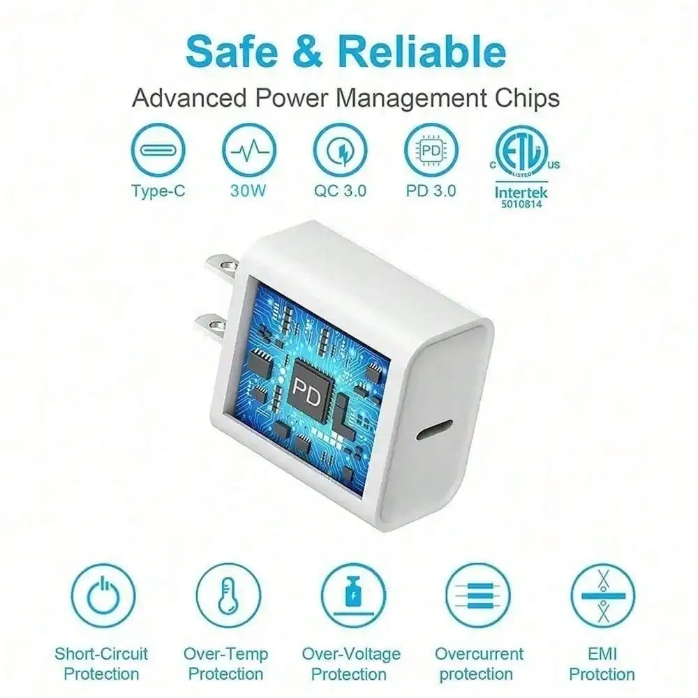 30W Fast Charging Kit – USB-C Wall Adapter + 3.3ft Data Sync Cable | FCC Certified Charger