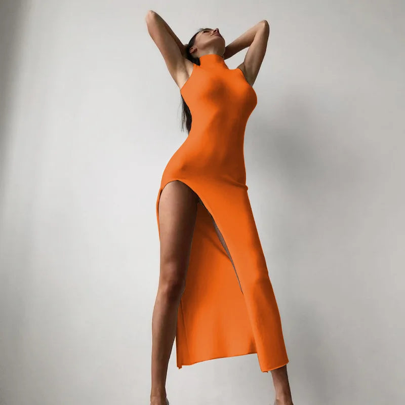 New Women's Black Sleeveless High Neck Slit Skirt Sexy Dress For Women Club Party Dresses Skinny Fashion Summer Tank Dresses