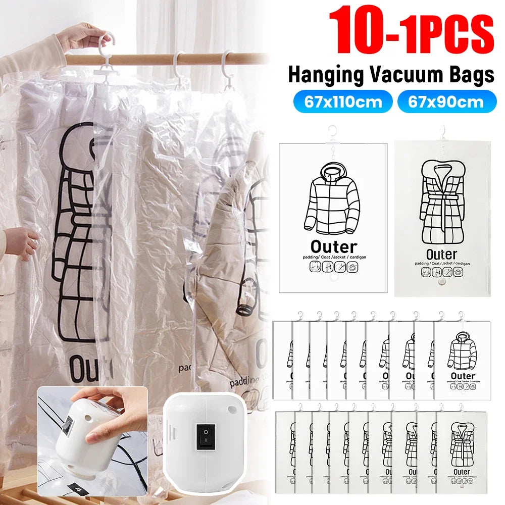 Hanging Vacuum Bag Clothes Organizer Bag Dustproof Clothes Vacuum Storage Bags Wardrobe Quilt Compression Empty Pump Bags