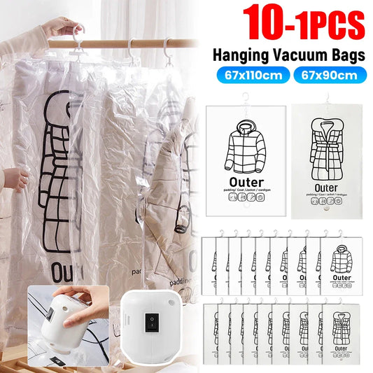 Hanging Vacuum Storage Bags with Pump – Space Saving Clothes Organizer