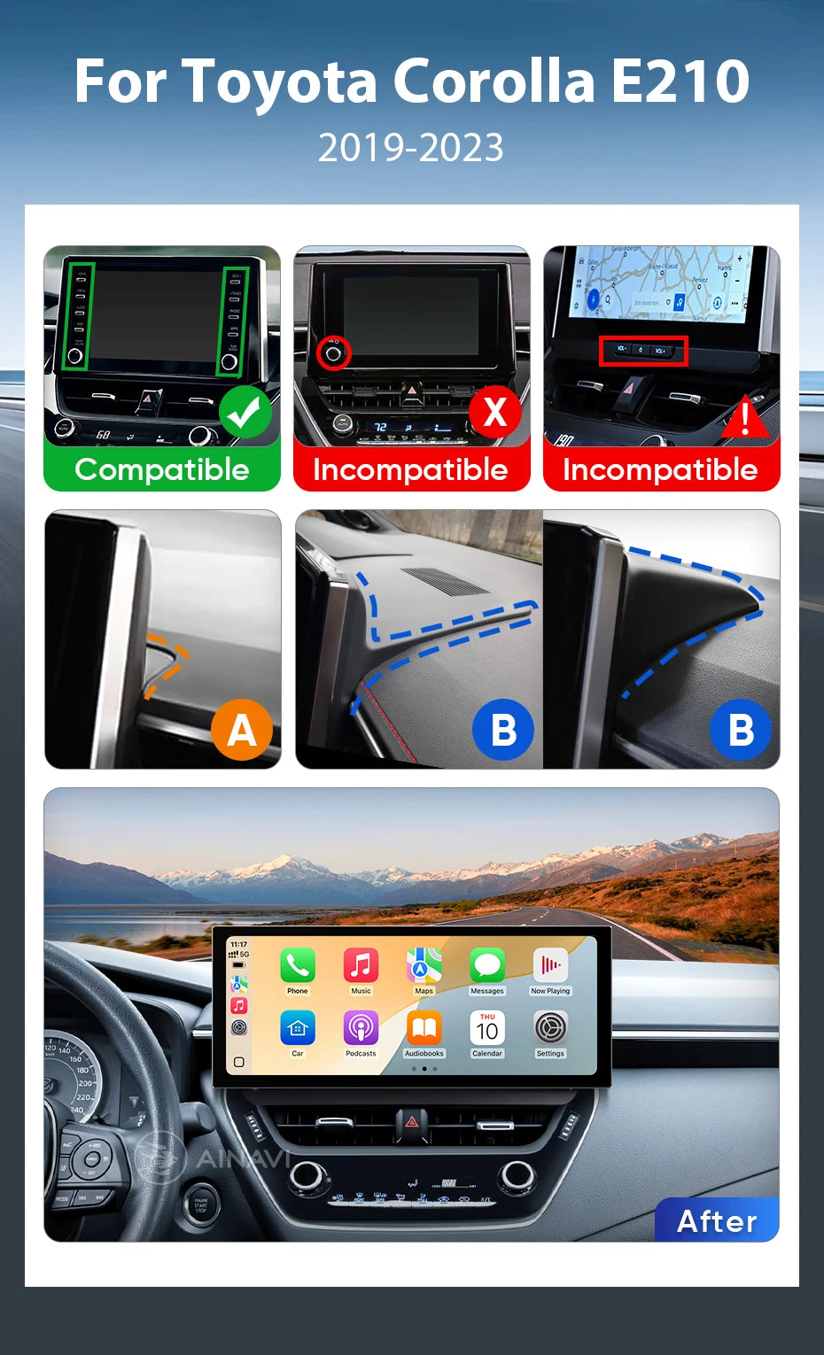 Ainavi 12.3 inch Car Radio For Toyota Corolla 2019 2020 2021 2022 2023 E210 Wireless Carplay Android Auto 4G Car Multimedia 2DIN