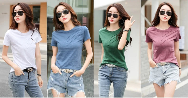 Women's slub cotton button tee, loose crew neck — view 7 of 20