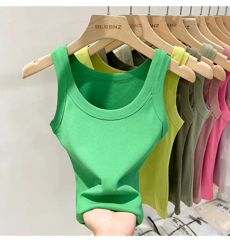 AOSSVIAO Women Solid Round Neck Ribbed Tank Top Camisole Women 2026 Summer Basic Elastic Tank Top O Neck Solid Tank Top