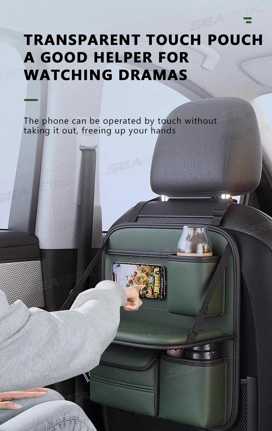 SEAMETAL Car Seat Back Storage Bag Large Capacity Multi-Pocket Backseat Organizer Foldable Dining Table Tablet Tray Hanging Bag