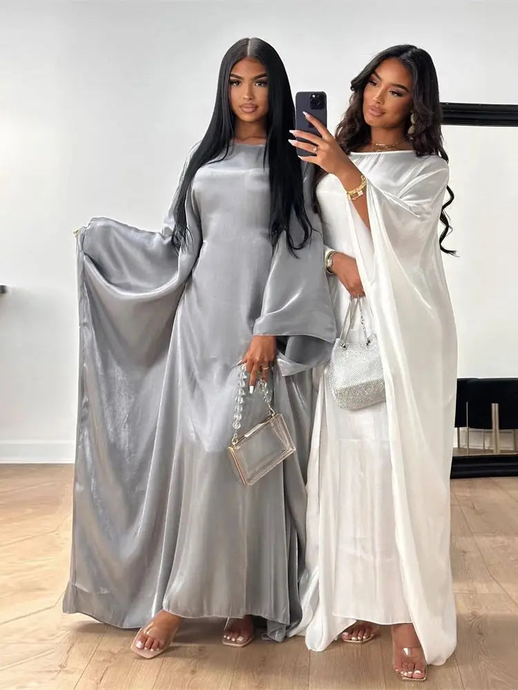 Shimmer Batwing Satin Abaya – Luxury Muslim Kaftan Dress for Eid & Ramadan