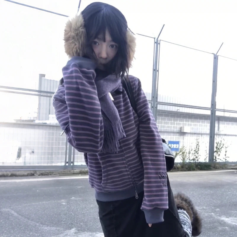Women's Y2K Striped Zip-Up Knit Cardigan, Purple
