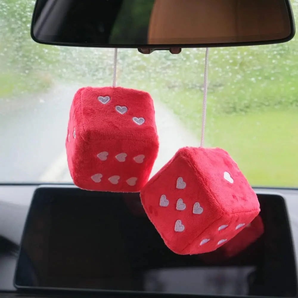 1 Pair 7cm Fuzzy Plush Dice Heart Shape Decor for Car Rearview Mirror, Retro Square Decoration Dice for Car Hanging Accessories