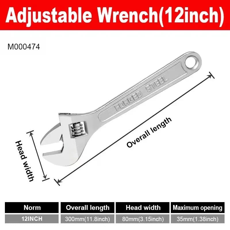 Openin Long Handle Universal Spanner  Adjustable Wrench Large Clamp Steel Mechanical Workshop Hand Repair Tools 6/8/10/12 inchs